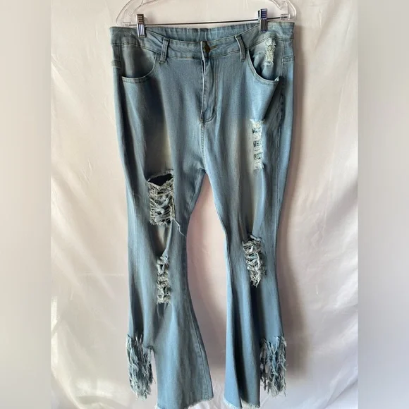 1X-5X Dani Ripped Flare Jeans w/Ankle Fringe - Picture 6 of 9